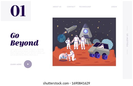 Mars Colonization Landing Page Template. Astronauts Family Characters in Space Suits near Rocket. Father, Mother and Little Child Planting Sprout Under Glass Dome. Cartoon People Vector Illustration