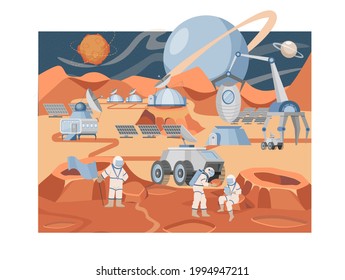 Mars colonization mission vector flat illustration. Group of astronauts and scientists exploring planet surface. Rovers and robotic vehicles doing researches. Space exploration concept.