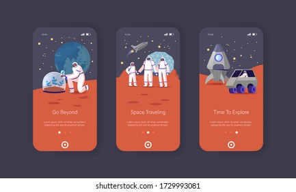 Mars Colonization Mobile App Page Onboard Screen Template. Astronauts Family Characters on Red Planet Surface. Father Mother Child in Space Suits on Station Concept. Cartoon People Vector Illustration