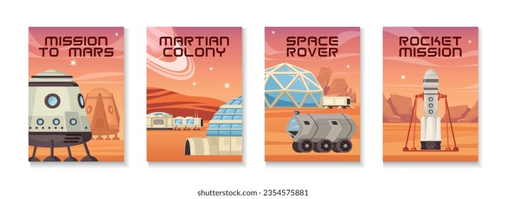 Mars colonization poster set with four vertical compositions of editable text and planetary surface landscape views vector illustration