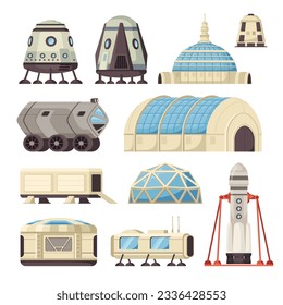 Mars colonization set of isolated icons with landing modules habitat buildings rovers and rocket launch pad vector illustration