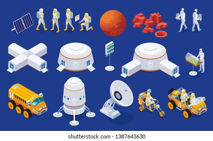 Mars colonization Set isometric icons on isolated background