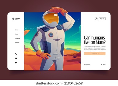 Mars colonization, space explore mission cartoon landing page. Astronaut looking far on alien planet. Cosmonaut in suit on extraterrestrial landscape, humans investigate galaxy. Vector web banner