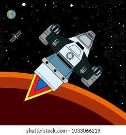Mars colonization spaceship launch rocket flying outer space galaxy universe science research Earth trip exploring flat vector illustration astronomy stars spacecraft orbit poster template startup