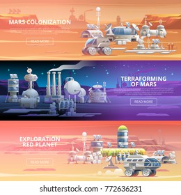 Mars Colonization Terraforming Exploration Red planet Vector web banners