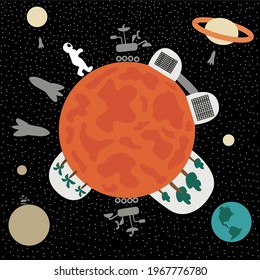 Mars colonization vector illustration. Peoples colony on Mars, a lot of buildings, mars rovers and view to other planets. 