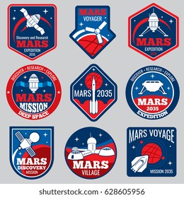 Mars colonization vector retro space logos and labels set