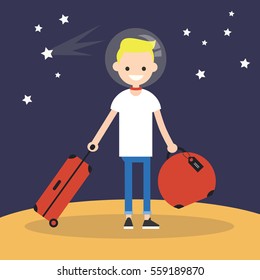 Mars Colonization: Young teenage character moving to mars with his luggage / flat editable vector illustration