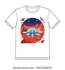Mars colony space base t shirt design with exploration futuristic illustration