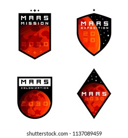 Mars colonziation / exploration badges, labels, signs, emblems, design elements. Mars mission badges for apparel / clothing design