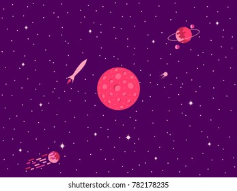 Mars. Cosmic space, a comet with a tail, planets of the solar system. Vector illustration