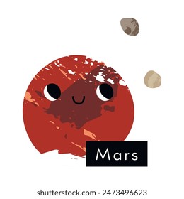 Mars. Cute kawaii planet character with smiling face. Funny celestial body. Solar system. Astronomy for kids. Vector flat cartoon illustration