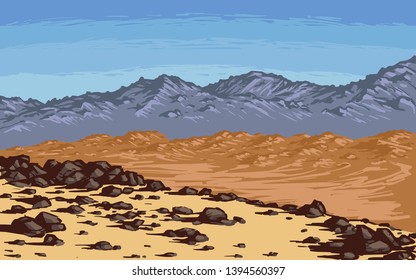 Mars desert landscape with mountains and rocks illustration