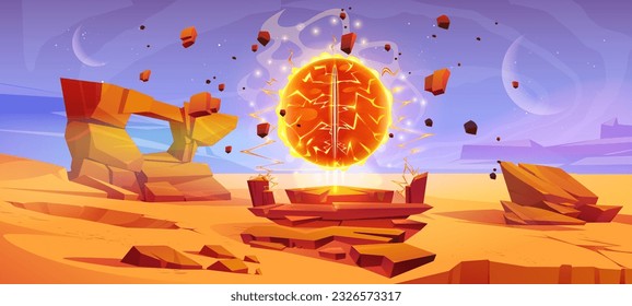 Mars desert planet with portal landscape background in space. Martian ground surface and magic fireball gate. Extraterrestrial fantasy eye entrance to parallel universe world scene for 2d videogame