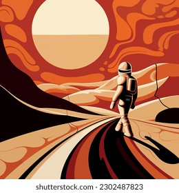 Mars dreamscape, Artistic depiction of an astronaut's surreal experience on the gas giant, presented in a vector poster with abstract hand-drawn elements.