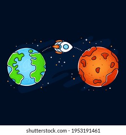 Mars and Earth planet. Rocket, space ship flying mission. Vector hand drawn cartoon illustration icon. Space exploration, Mars and Earth planet concept