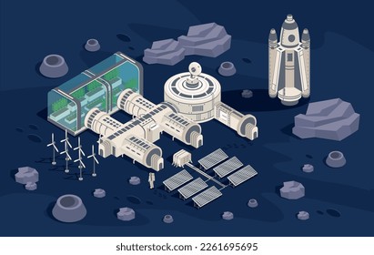 Mars expedition banner. Science and planetary exploration, adventure and travel. Space tents and transport, rockets. Plantation and alternative energy sources. Cartoon isometric vector illustration