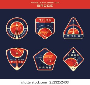 Mars exploration badge set, vector sticker, emblem, space label logo