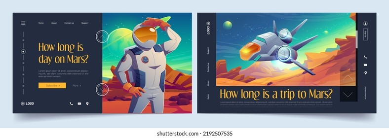 Mars exploration banners with spaceman and spaceship flying above red planet surface. Vector landing pages with cartoon illustration of alien planet landscape with shuttle and astronaut in suit