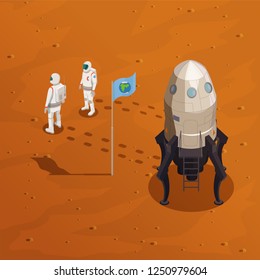 Mars exploration design concept with two astronauts in spacesuit walking on surface of red planet vector illustration