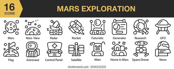 Mars Exploration icon set. Includes rocket, satellite, alien, space, ufo, futuristic, and More. Outline icons vector collection.