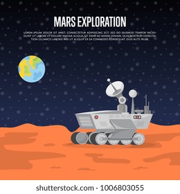 Mars exploration poster with research rover on surface of red planet. Robotic autonomous vehicles for space discovery. Mars rover with camera, wheels, antenna and hand manipulator vector illustration