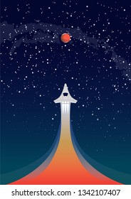Mars exploration, rocket flies up, Vector Concept. Spaceship flying in space in the direction of the planet Mars