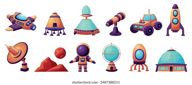 Mars exploration. Scientific rovers shuttle observatory and research stations. Cartoon telescope spacesuit and spaceship, galaxy nowaday vector set