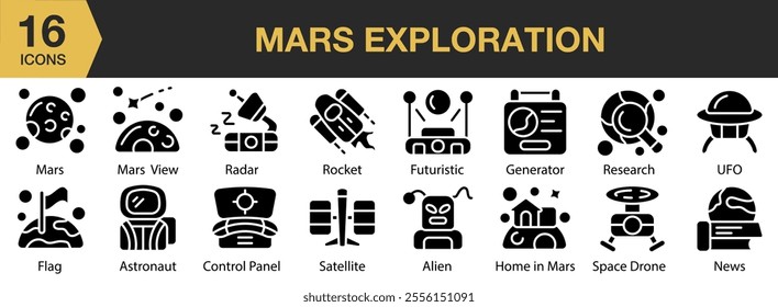 Mars Exploration solid icon set. Includes rocket, satellite, alien, space, ufo, futuristic, and More. Solid icons vector collection.