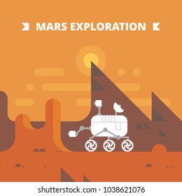 Mars exploration. Vector illustration of Mars planet landscape and space exploration machine. Flat style.