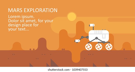 Mars Exploration. Vector Illustration Of Mars Planet Landscape And Space Exploration Machine. Flat Style.