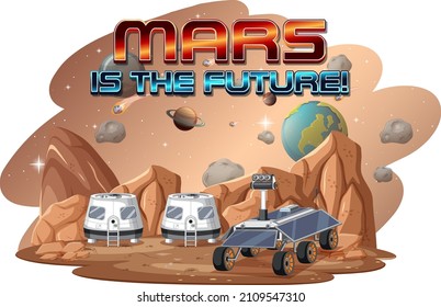 Mars is the future logo design with space station illustration