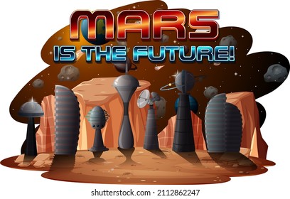 Mars is the future logo design with space station illustration