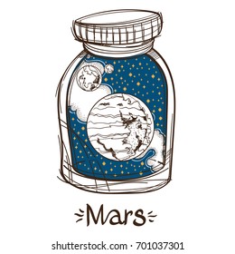 Mars in a glass jar. The planet of the solar system in a glass bowl on a stand. Illustration for design on the astrology, astronomy, spirituality.