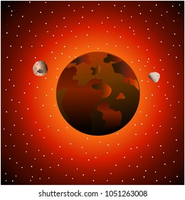 Mars and his satellites in space.