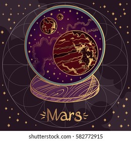 Mars. Illustration on the background of a starry sky. The planet of the solar system in a glass bowl on a stand. Illustration for design on the astrology, astronomy, spirituality.