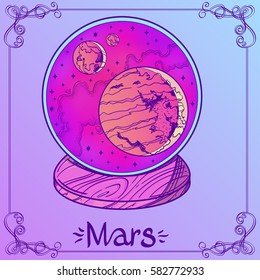 Mars. Illustration in style pastel goth. The planet of the solar system in a glass bowl on a stand. Illustration for design on the astrology, astronomy, spirituality.