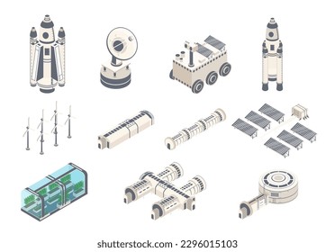 La isometría de Marte. Colección de elementos gráficos para el sitio web. Aeronaves espaciales, satélites, transbordadores, paneles solares y invernadero. Ilustraciones vectoriales isométricas de dibujos animados aisladas en fondo blanco