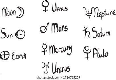 Mars, Jupiter, Pluto, Uranus, Saturn, Moon, Earth, Mercury, Sun, Venus, Neptune Symbols. Ink Hand-Written Names of Celestial Bodies for Wallpaper, Banner, Textile, Postcard or Wrapping Paper