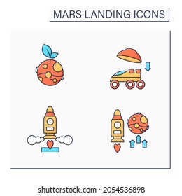 Mars landing color icons set. Uninhabited planet. Landing on surface, life on Mars, mission, launch rocket. Cosmos concept.Isolated vector illustrations