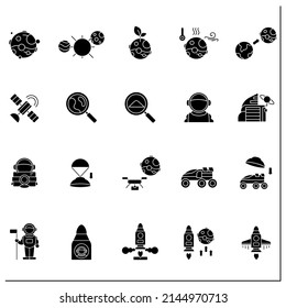Mars landing glyph icons set. Uninhabited planet. Researching sample. Exploring New Planet. Cosmos concept.Isolated vector illustrations