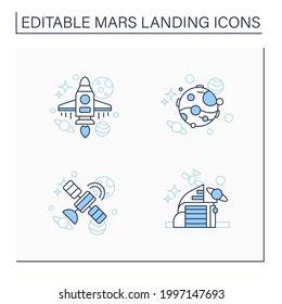 Mars landing line icons set. Uninhabited planet. Satellite, space center, spaceship, Mars. Cosmos concept.Isolated vector illustrations. Editable stroke