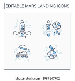Mars landing line icons set. Uninhabited planet. Landing on surface, life on Mars, mission, launch rocket. Cosmos concept.Isolated vector illustrations. Editable stroke