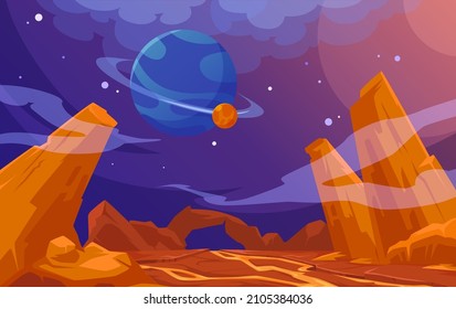 Mars landscape, alien planet background, red land surface, mountains and flowing lava, saturn and stars shine on dark sky. Martian extraterrestrial computer game backdrop, cartoon vector illustration