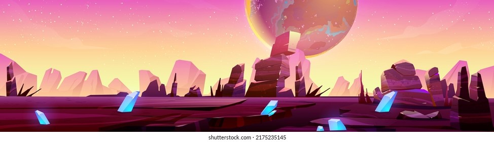 Mars landscape, alien planet background, purple desert surface with mountains, blue cristals and stars shine on pink sky. Martian ground surface, scenery game backdrop, cartoon vector illustration