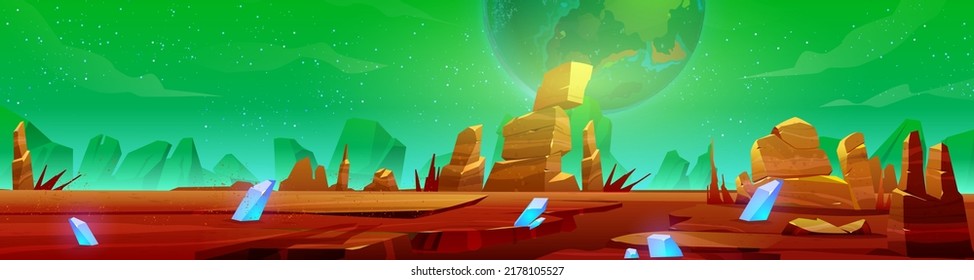 Mars-Landschaft, außerirdischer Hintergrund, rote Wüstenoberfläche mit Bergen, blaue Kristalle und Sterne glänzen auf grünem Himmel. Marsianische Bodenoberfläche, Hintergrund des Landschaftsspiels, Cartoon, Vektorgrafik