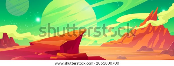 Mars landscape, alien planet background, red\
desert surface with mountains, saturn and stars shine on green sky.\
Martian extraterrestrial computer game scenery backdrop, cartoon\
vector illustration