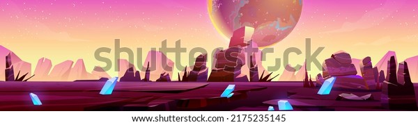 Mars landscape, alien planet background,\
purple desert surface with mountains, blue cristals and stars shine\
on pink sky. Martian ground surface, scenery game backdrop, cartoon\
vector illustration