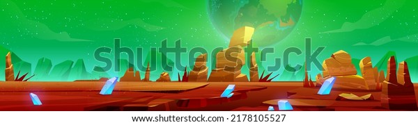 Mars landscape, alien planet background, red\
desert surface with mountains, blue cristals and stars shine on\
green sky. Martian ground surface, scenery game backdrop, cartoon\
vector illustration