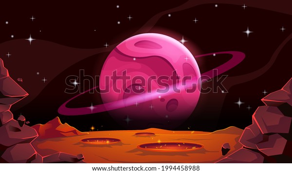 Mars landscape\
with alien planet in cosmos. Empty red desert with pits and\
craters. Vector cartoon\
illustration.